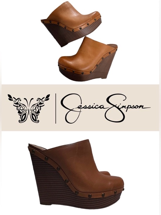 Jessica Simpson Shoes - 🤎💛JESSICA SIMPSON Brown Leather Wedge Clogs with Stud Trim🤎💛